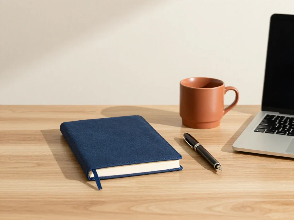 Bureau de travail organisé avec un carnet bleu marine, un ordinateur et un café chaud.