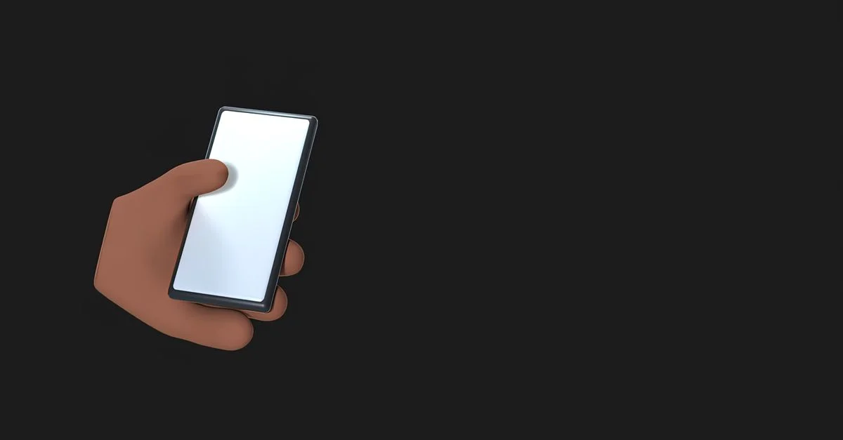 Illustration 3D d'une main tenant un smartphone sur un fond sombre.